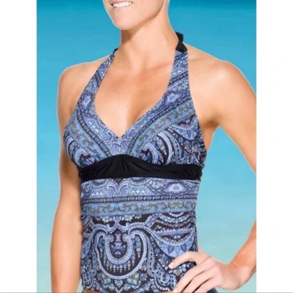 Athleta Blue Paisley Halter Tankini Top with Black Accent